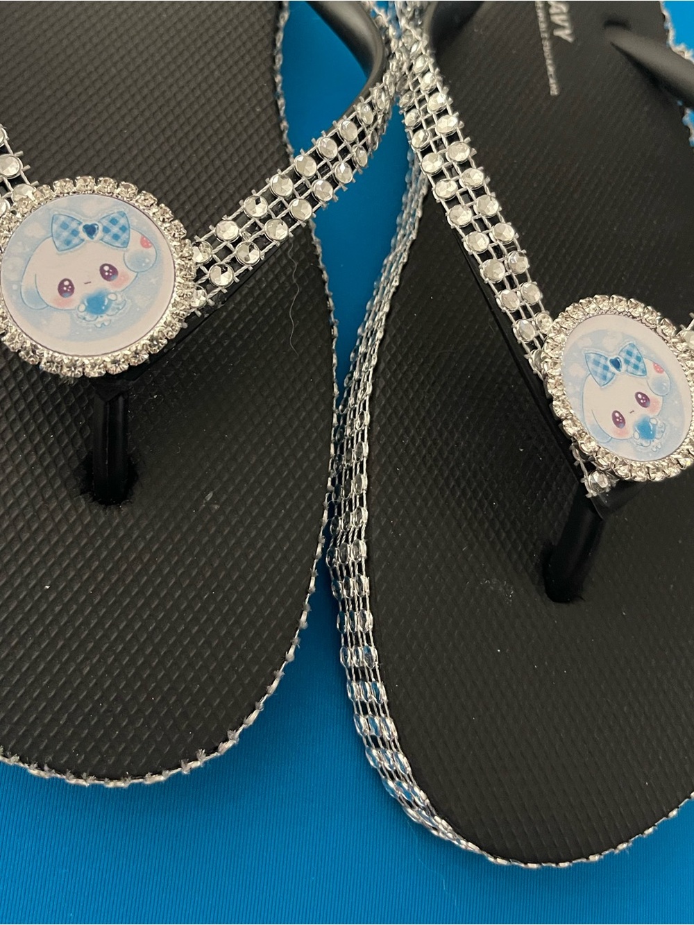 Cinnamon roll Black Rhinestone Flip Flop Sandals with Cute Bear Accent